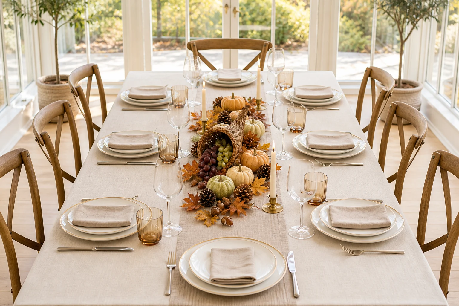 A bright conservatory table set for eight, with pumpkins, pine cones, acorns, autumn leaves and a woven cornucopia
