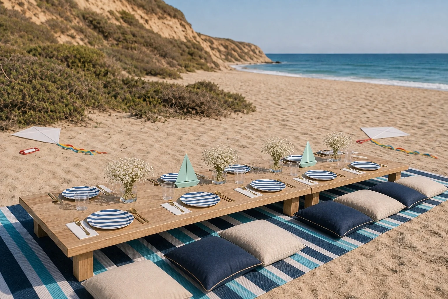 A beach birthday with a low table, soft seafoam decorations and the ocean beyond