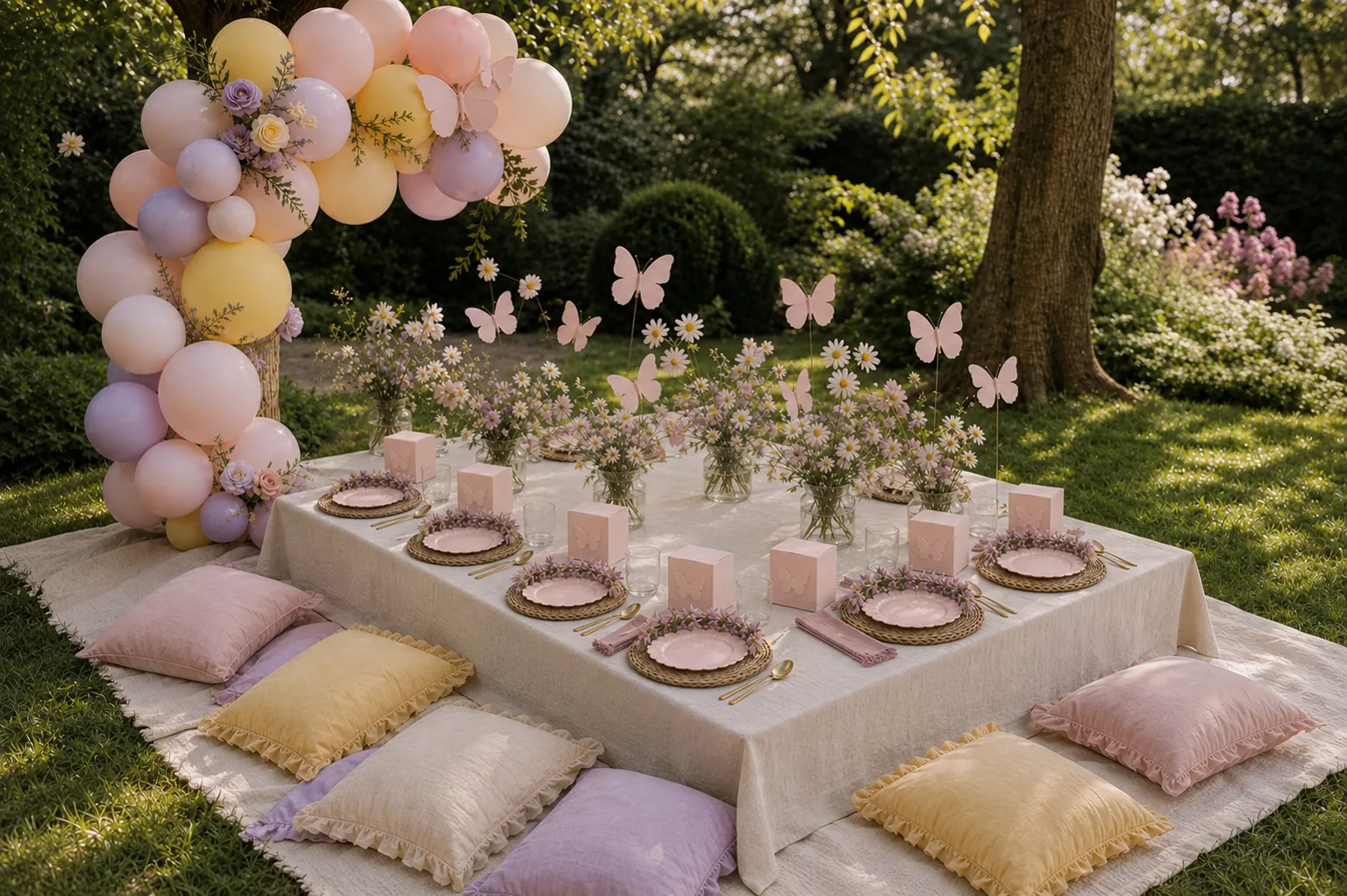 A butterfly-themed birthday set in a green garden