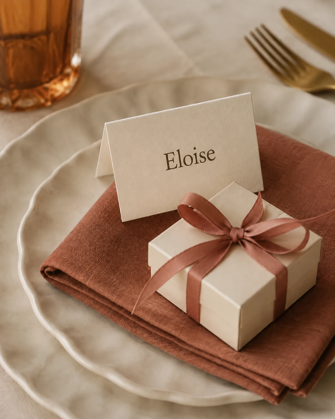 A personalised place card and ribbon-tied keepsake on a terracotta napkin