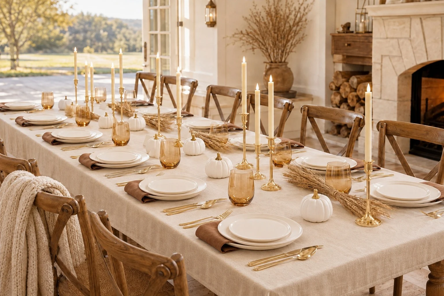 An autumn table with white pumpkins, wheat, amber glassware and candlelight