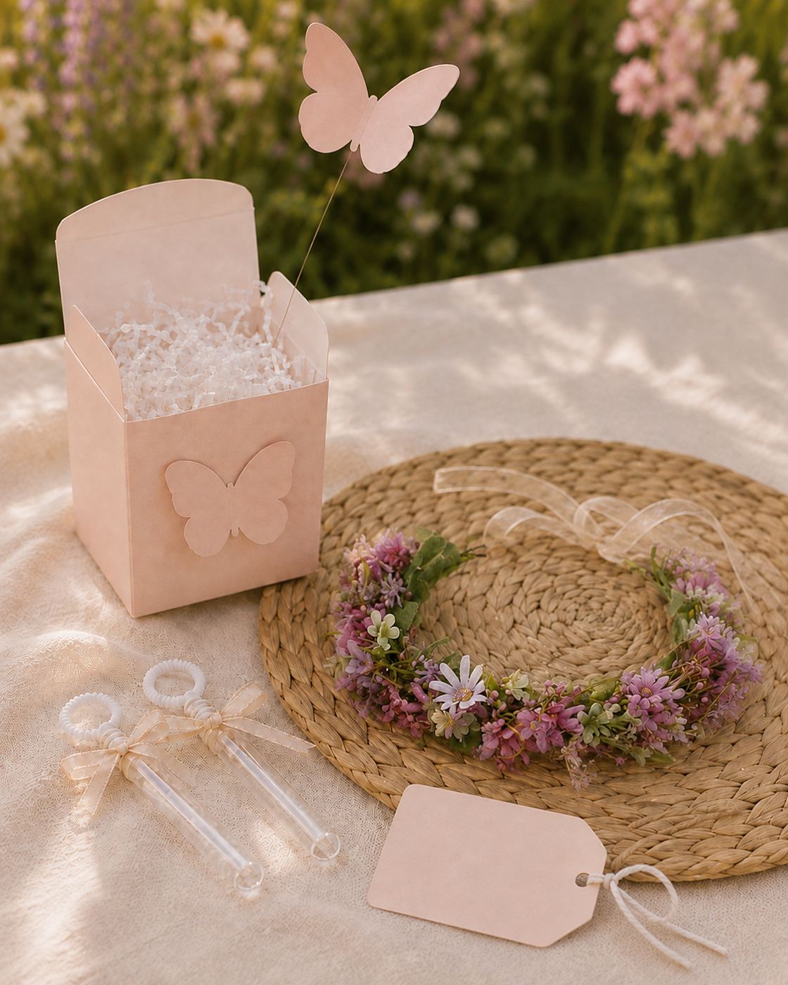 Papillon — detail: pale-blush folding box with a solid butterfly, white shred, lilac ribbon crown on a woven mat, two bubble wands and a simple tag