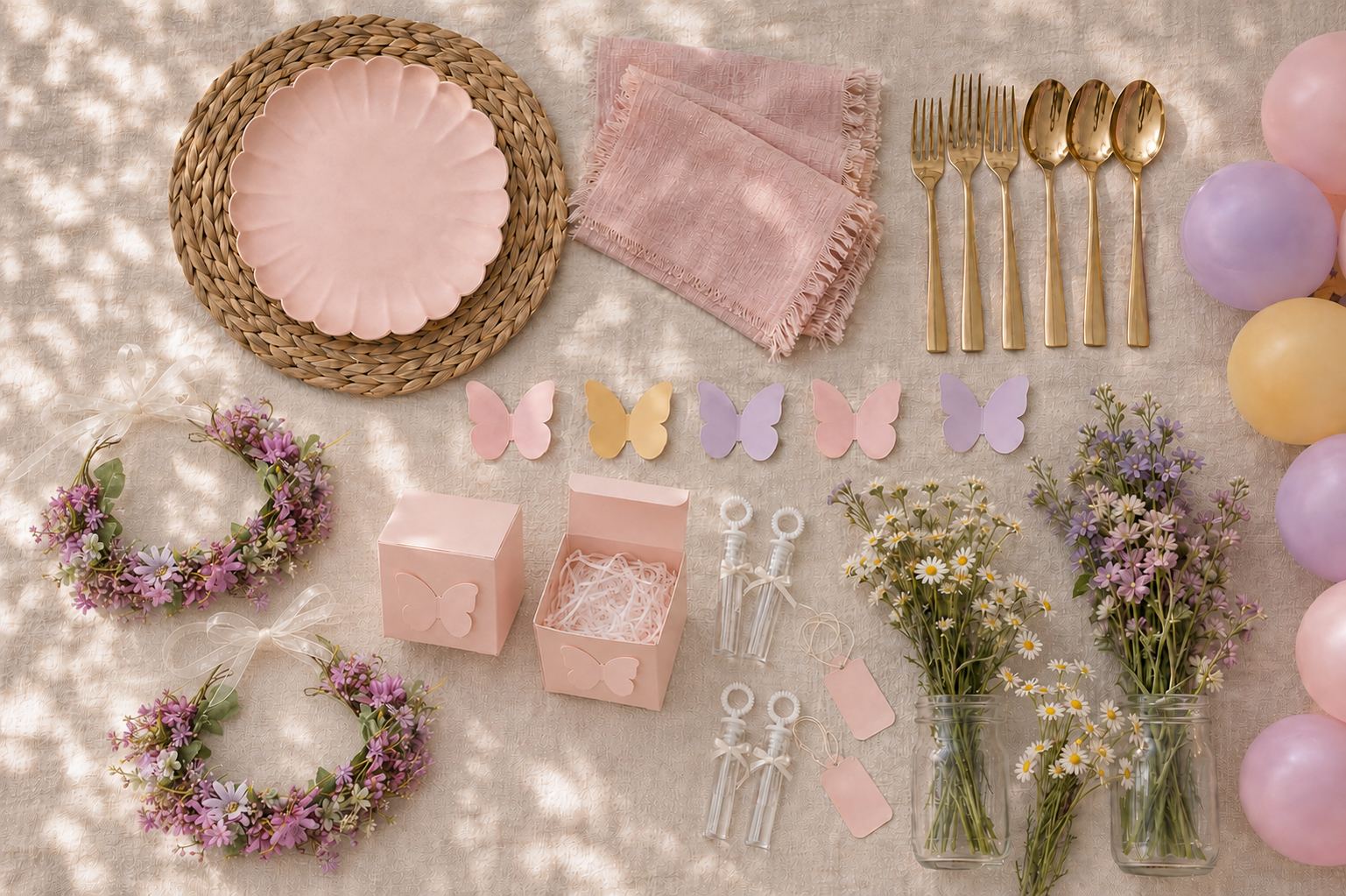 Papillon — a sample place setting, lilac crowns, folding favor boxes and meadow supplies staged for assembly