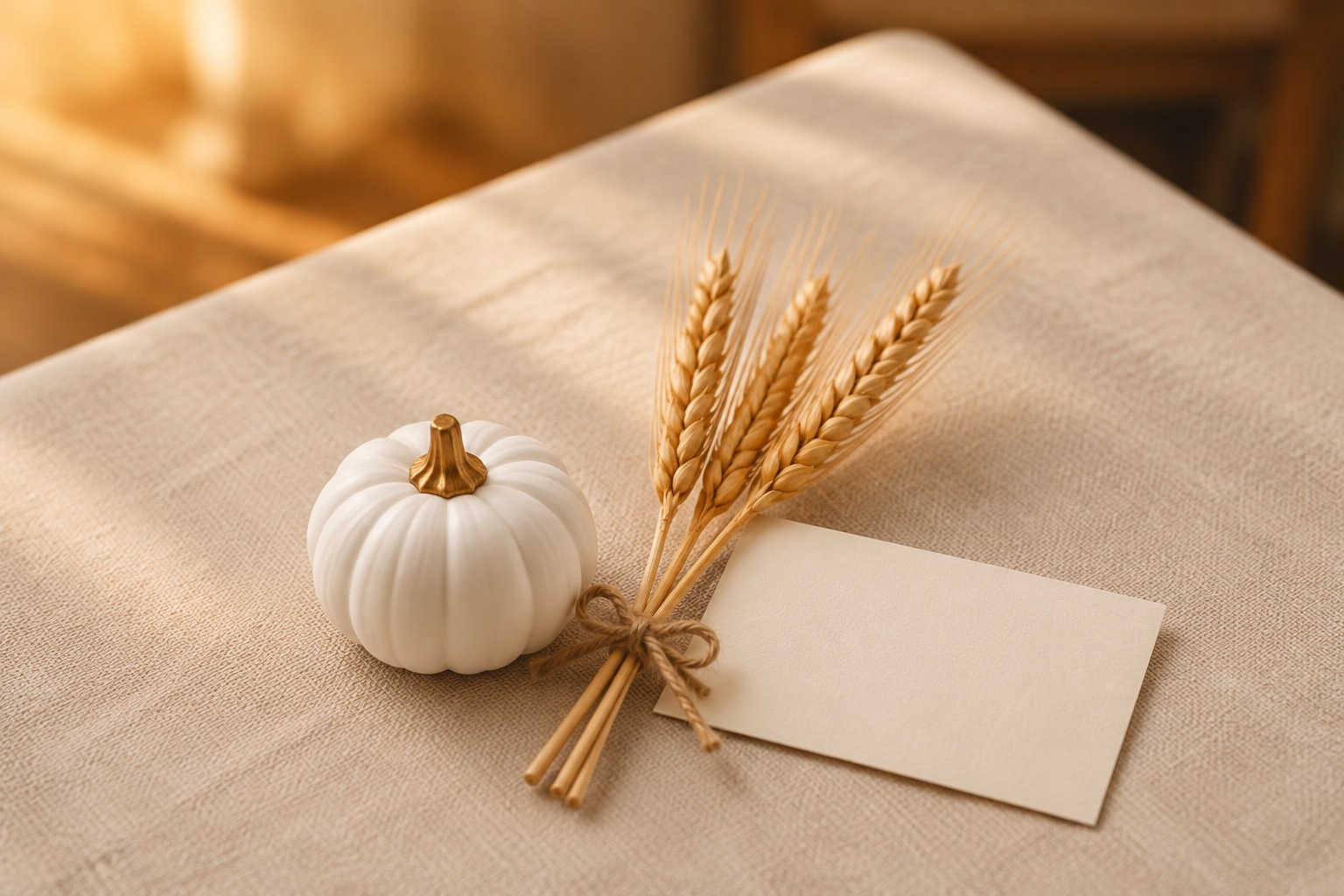 Récolte — detail: one small white pumpkin with gold stem, three wheat stalks and a cream gratitude card