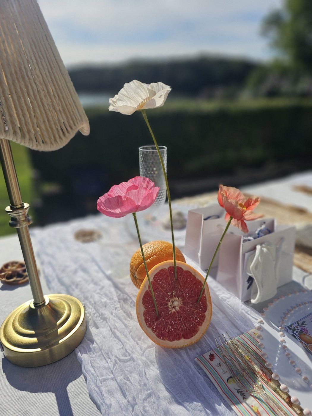 Close-up of paper poppies rising from a grapefruit half beside a rattan lamp